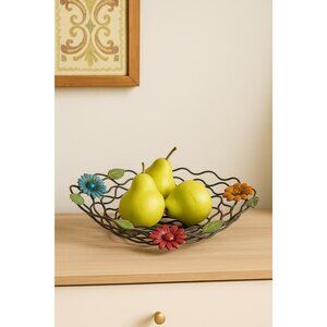 Vintage 1980s Enamel Wire Centerpiece Basket – Bold Floral Accents with Jewels,